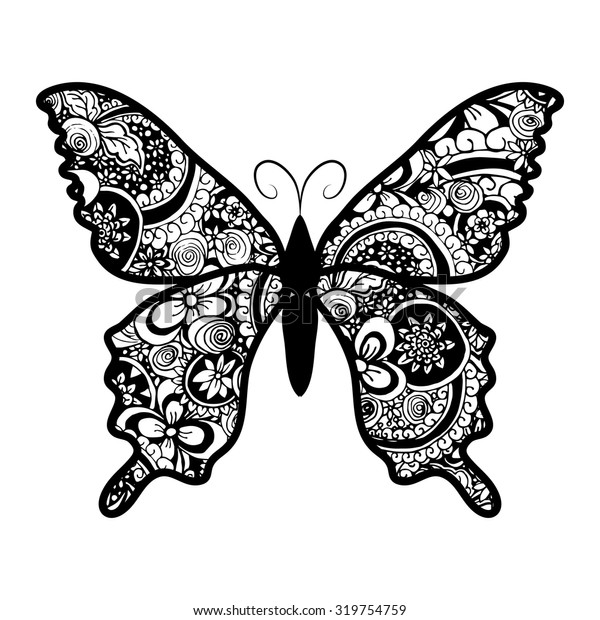 ゼンタングル様式の黒い蝶 白い背景に手描きのベクターイラスト タトゥーやマケンダのスケッチ Zentangle Artコレクション ブックページデザインに色を付ける黒い輪郭 のベクター画像素材 ロイヤリティフリー