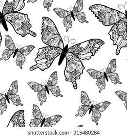 Zentangle stylized black Butterfly seamless pattern for textile fashion design. Fabric. Zentangle Art collection.