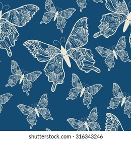 Zentangle stylized black Butterfly seamless pattern for textile fashion design. Fabric. Zentangle Art collection.
