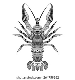 Zentangle stylized Black Crawfish. Hand Drawn Crayfish vector illustration. Sketch Lobster for tattoo or makhenda. Sea food collection.