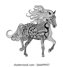 Zentangle stylized Black Horse. Hand Drawn doodle vector illustration. Sketch for tattoo or makhenda. Animal collection.