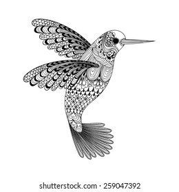 Zentangle stylized black Hummingbird. Hand Drawn vector illustration isolated on white background. Sketch for tattoo or makhenda. Bird collection.