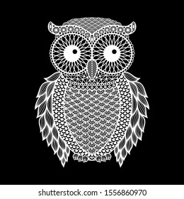 Zentangle stylized Black Owl. Hand Drawn vector illustration isolated on white background. Vintage sketch for tattoo design or mehandi.