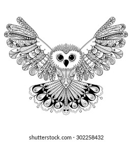 Zentangle stylized Black Owl. Hand Drawn vector illustration isolated on white background. Vintage sketch for tattoo design or makhenda. Bird collection.