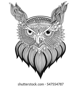 Zentangle stylized Black owl. Hand Drawn vector illustration isolated on white background. owl in doodles style for print coloring pages for adult, cards and other.