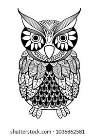 Zentangle stylized Black Owl isolated on white background. Hand Drawn, Vintage sketch for tattoo design - vector illustration