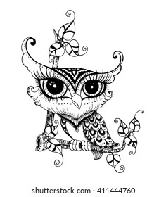 Zentangle stylized Black Owl.  vector doodle illustration
 Hand Drawn vector illustration isolated on white background. 