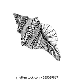 Zentangle stylized black sea cockleshell. Hand Drawn aquatic doodle vector illustration. Sketch for tattoo or makhenda. Seashell collection. Ocean life.