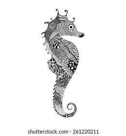 Zentangle stylized black Sea Horse. Hand Drawn vector illustration isolated on white background. Sketch for tattoo or makhenda. Sea collection.