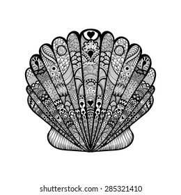 Zentangle stylized black sea shell. Hand Drawn  doodle vector illustration. Sketch for tattoo or makhenda. Seashell collection. Ocean life.