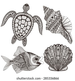 Zentangle stylized black sea shells, fish and turtle. Hand Drawn  doodle vector illustration. Sketch for tattoo or makhenda. Seal collection. Ocean life set.