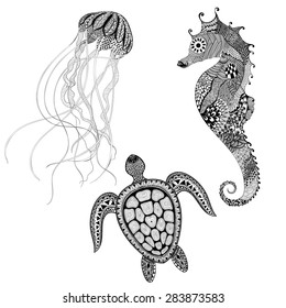 Zentangle stylized black turtle, sea horse and jellyfish. Hand Drawn aquatic doodle vector illustration. Sketch for tattoo or makhenda. Animal set sea collection. Ocean life.