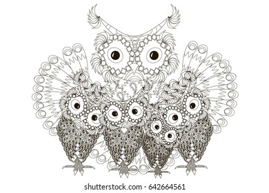 Zentangle stylized black and white four owls, hand drawn family stock vector illustration