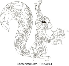 Zentangle, stylized black and white hand drawn squirrel with hazelnuts, vector illustration