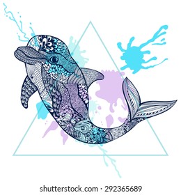 Zentangle stylized Blue Dolphin in triangle frame with watercolor ink drop. Hand Drawn doodle vector illustration. Sea animal collection. Sketch for tattoo, postcard, t-shirt, fabric bag, poster. 