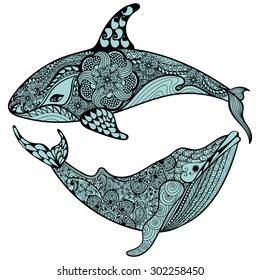 Zentangle stylized Blue Sea Shark and Whale. Hand Drawn vector illustration isolated on white background. Sketch for tattoo design or makhenda. Sea art collection.