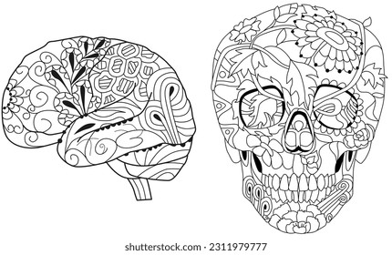 Zentangle stilisiert Gehirn und Skull. Handgezeichnete dekorative Vektorgrafik zum Färben
