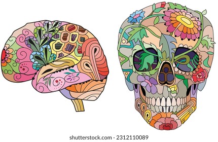 Zentangle stylized brain and scull. Hand drawn decorative vector illustration