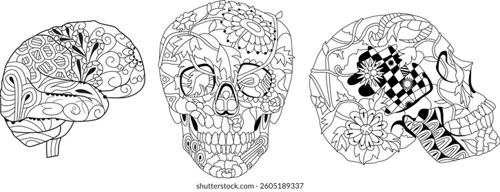 Zentangle stylized brain and skulls. Hand drawn decorative vector illustration for coloring