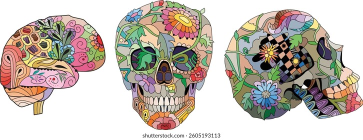 Zentangle stylized brain and skulls. Hand drawn decorative vector illustration