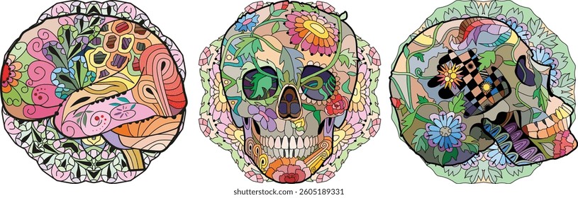 Zentangle stylized brain and skulls on mandalas. Hand drawn decorative vector illustration