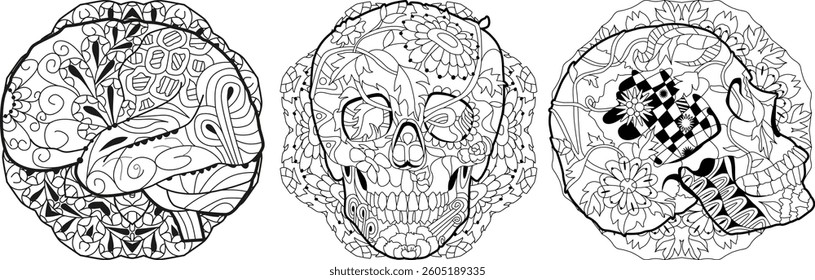 Zentangle stylized brain and skulls on mandalas. Hand drawn decorative vector illustration for coloring