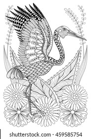 Zentangle stylized Brolga with flowers. Hand drawn ethnic animal for adult coloring pages, art therapy, boho t-shirt patterned print, posters, t-shirt. Vector isolated illustration. A4 size
