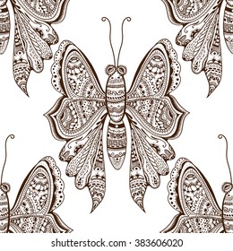 Zentangle stylized brown Butterfly seamless pattern for textile fashion design. Fabric. Zentangle Art collection.