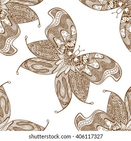 Zentangle stylized brown Butterfly seamless pattern for textile fashion design. Fabric. Zentangle Art collection.