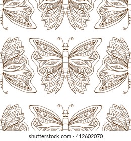 Zentangle stylized brown Butterfly seamless pattern for textile fashion design. Fabric. Zentangle Art collection.