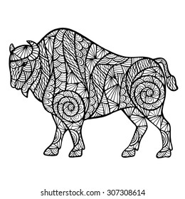 Zentangle stylized buffalo, handmade vector isolated on a white background for your design. Collection of animals.