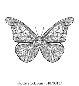 Zentangle stylized butterfly. Black white hand drawn doodle animal. Ethnic patterned vector illustration. African, indian, totem tribal design. Sketch for coloring page, tattoo, poster, print, t-shirt