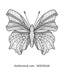Zentangle stylized butterfly. Black white hand drawn doodle animal. Ethnic patterned vector illustration. African, indian, totem tribal design. Sketch for coloring page, tattoo, poster, print, t-shirt