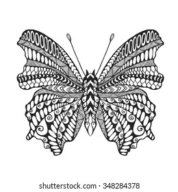 Zentangle stylized butterfly. Black white hand drawn doodle animal. Ethnic patterned vector illustration. African, indian, totem tribal design. Sketch for coloring page, tattoo, poster, print, t-shirt