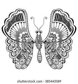 Zentangle stylized butterfly. Black white hand drawn doodle animal. Ethnic patterned vector illustration. African, indian, totem tribal design. Sketch for coloring page