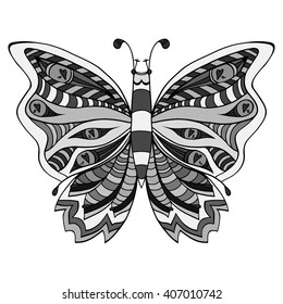 Zentangle stylized butterfly. Black white hand drawn doodle animal. Ethnic patterned vector illustration. African, indian, totem tribal design. Sketch for coloring page