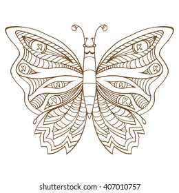 Zentangle stylized butterfly. Brown white hand drawn doodle animal. Ethnic patterned vector illustration. African, indian, totem tribal design. Sketch for coloring page