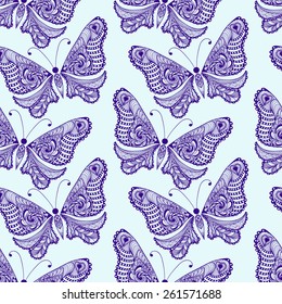 Zentangle stylized Butterfly seamless pattern. Hand Drawn vector illustrationfor tattoo or makhenda. Insect collection. 
