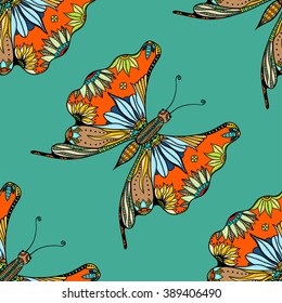 Zentangle stylized Butterfly seamless pattern for fabric. Hand Drawn vector illustration. Insect collection.
