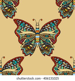 Zentangle stylized Butterfly seamless pattern for fabric. Hand Drawn vector illustration. Insect collection.