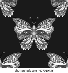Zentangle stylized Butterfly seamless pattern for textile fashion design. Fabric. Zentangle Art collection.