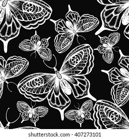 Zentangle stylized Butterfly seamless pattern. White silhouettes of butterflies on black background. Hand drawn contour lines and strokes.