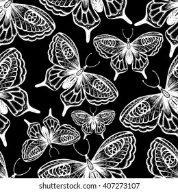 Zentangle stylized Butterfly seamless pattern. White silhouettes of butterflies on black background. Hand drawn contour lines and strokes.