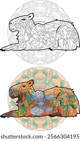 Zentangle stylized Capybara for coloring book on mandala. Hand drawn decorative vector illustration