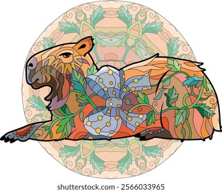 Zentangle stylized Capybara on mandala. Hand drawn decorative vector illustration