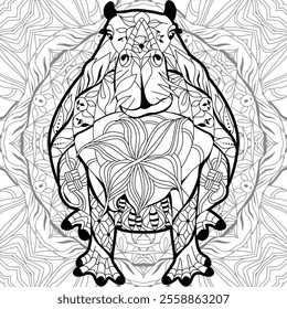 Zentangle stylized Capybara on square ornament for coloring. Hand drawn decorative vector illustration