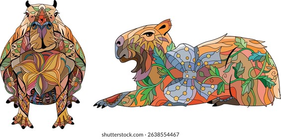 Zentangle stylized Capybaras. Hand drawn decorative vector illustration