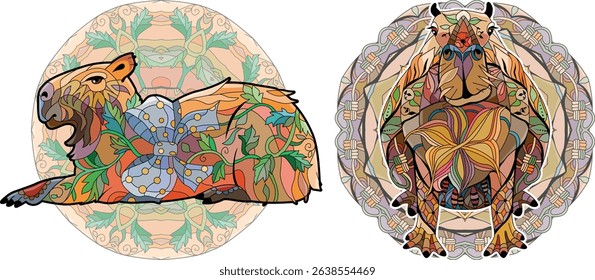 Zentangle stylized Capybaras. Hand drawn decorative vector illustration