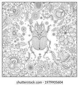 Zentangle stylized cartoon  beetle. Hand drawn sketch for adult antistress coloring book page, T-shirt emblem, logo, tattoo with doodle, zentangle design elements. Insect with floral pattern 