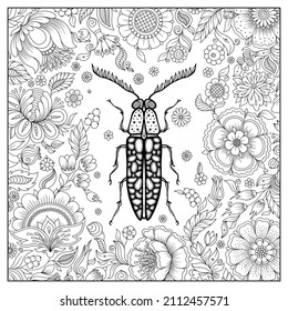 Zentangle stylized cartoon beetle. Hand drawn sketch for adult antistress coloring book page, T-shirt emblem, logo, tattoo with doodle, zentangle design elements. Insect with floral pattern